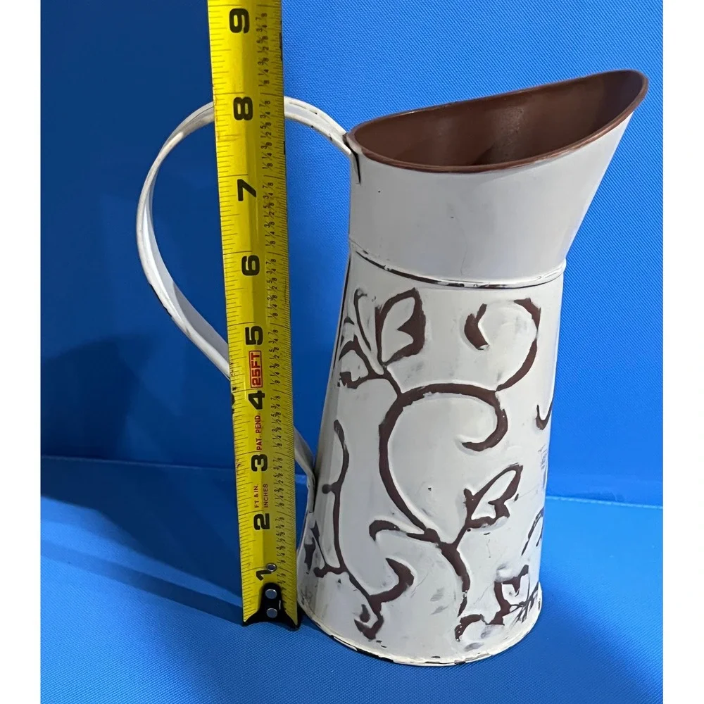 Hosley White Wash Metal Decorative Pitcher Farmhouse Embossed Scroll Vase